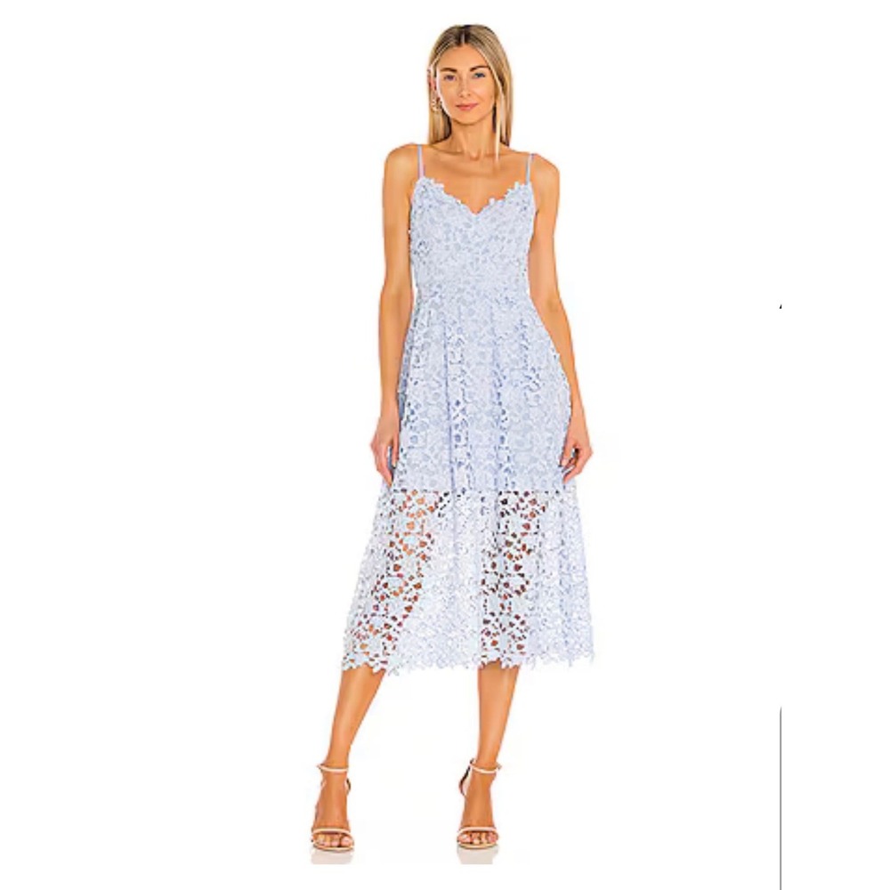 ASTR The Label Lace Midi Dress Light Blue Floral Scalloped V-Neck M Enchanted